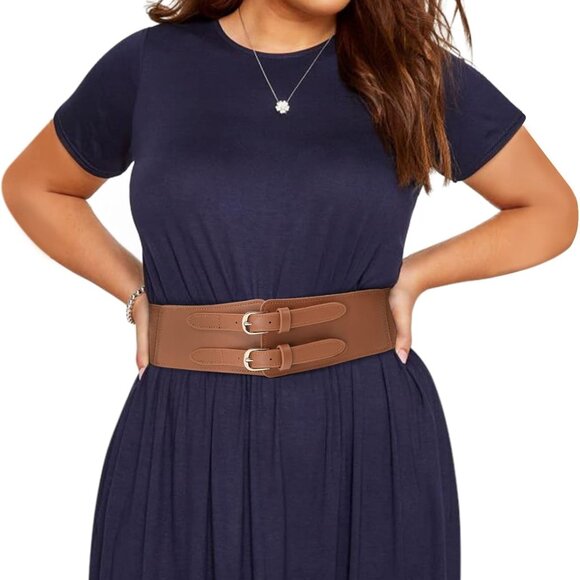 Elastic Wide Waist Belt Women Vintage Cinch Belt Double Buckle Stretchy Corset - Picture 5 of 7